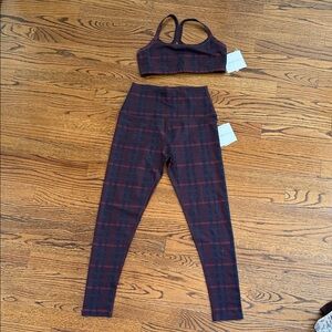 Plaid Burgundy & Black High-Waist Leggings with Matching Sports Bra